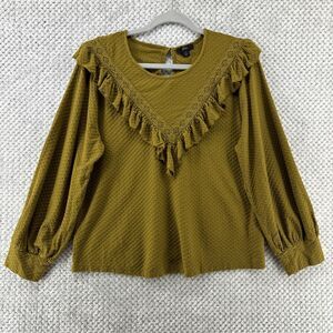 J Crew Top Women L Mustard Ruffle-Trim Honeycomb-Knit Cotton Crew Neck Key Hole